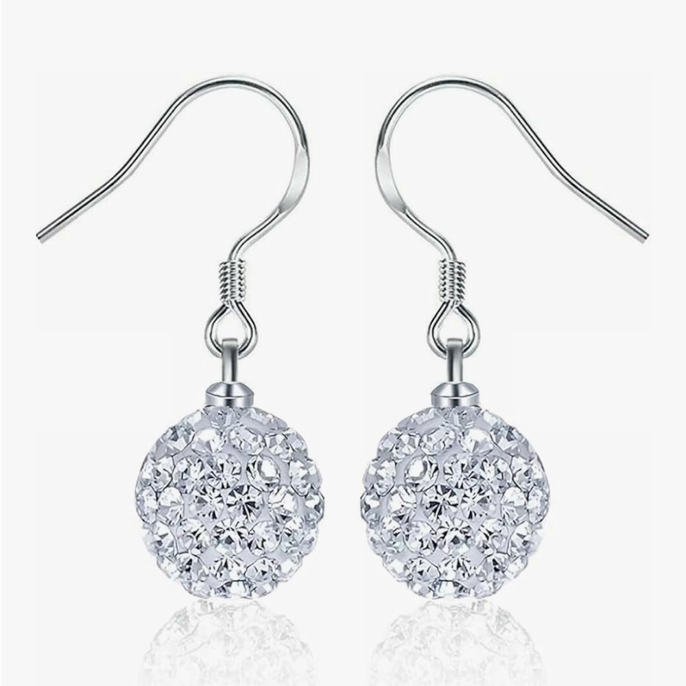 White Gold Plated Rhinestone Ice Sphere Drop Earrings. New.